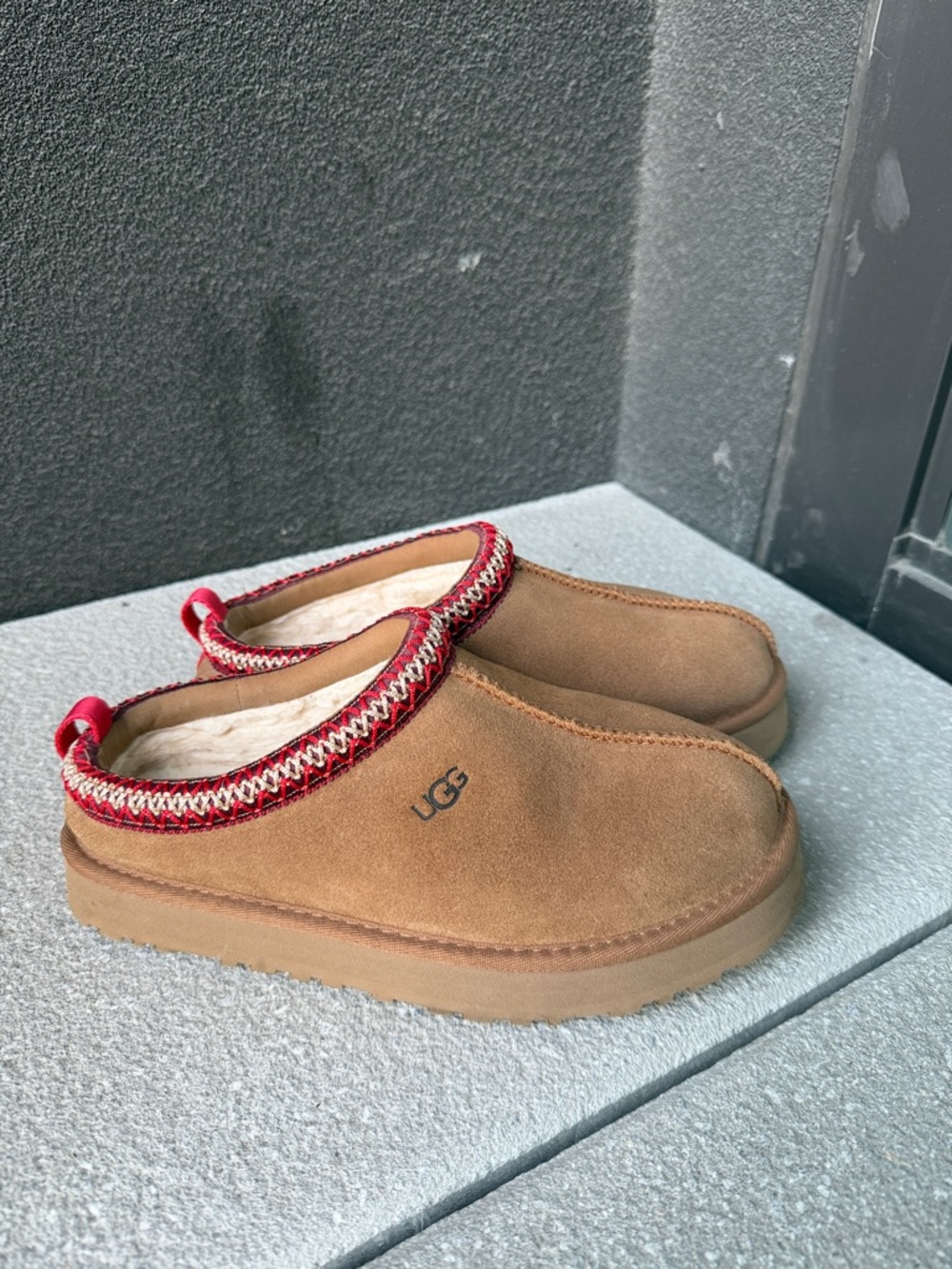UGG Big Kid’s Chestnut Suede Slip-On Mules with Red Knit Trim